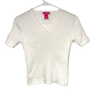 Alexandra Bartlett 100% Cotton White V-Neck Cable Knit Short Sleeve Sweater Top‎